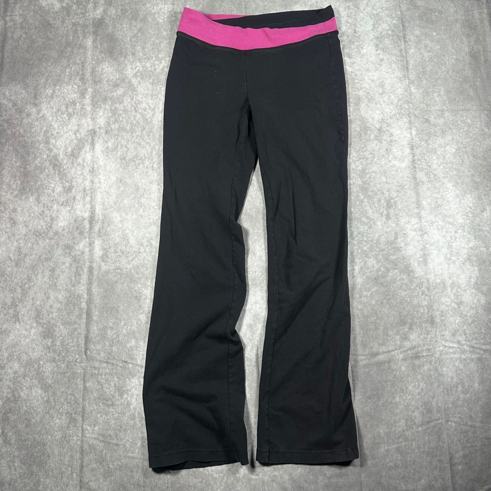 VTG Everlast Womens Low Rise Yoga Pants Black Pink Foldover Waist Flare Leg 28"
